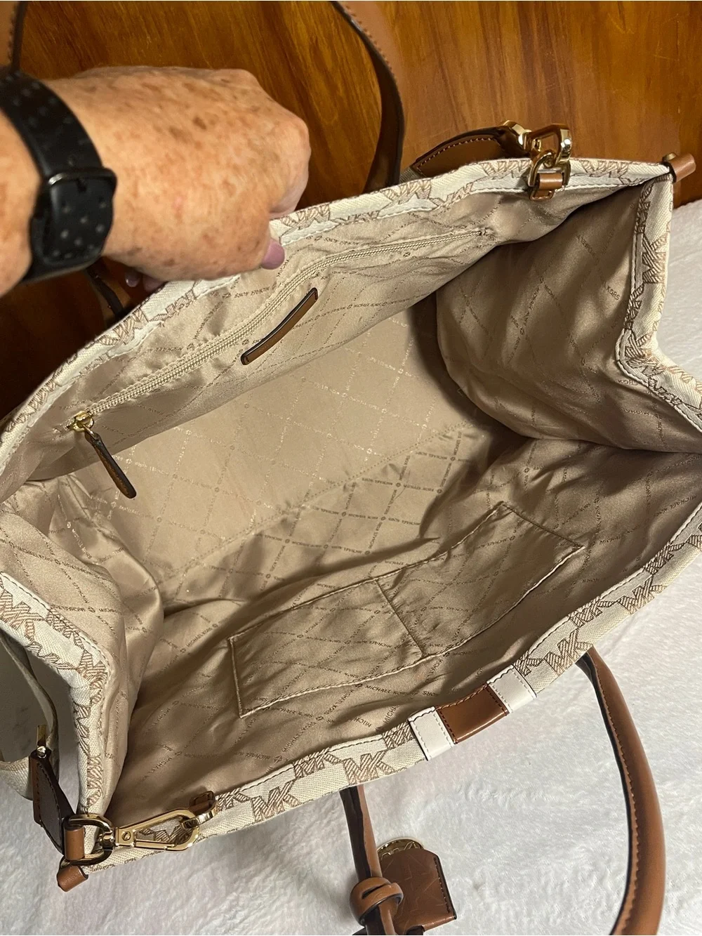 Michael Kors Beige Logo Tote with Brown and Cream Stripe - Picture 4 of 7